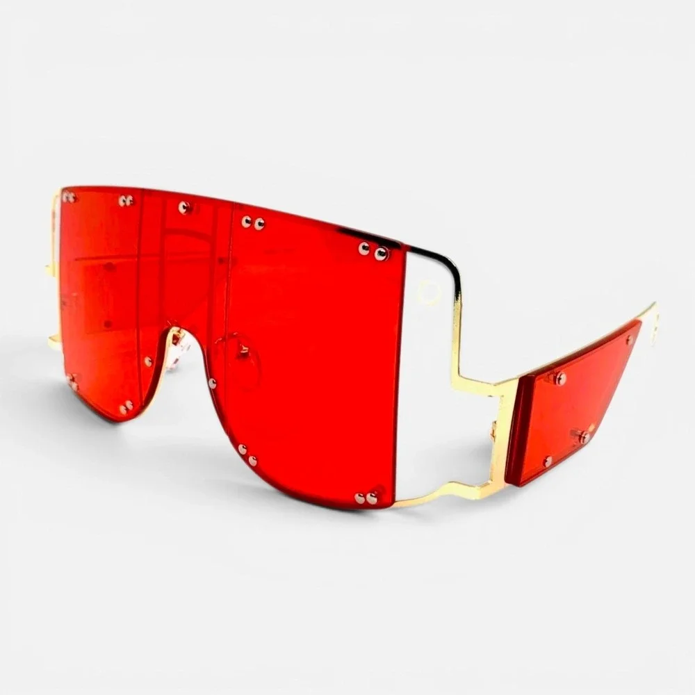 Shield Sunglasses Unisex OS Red NEW Oversized Futuristic Cyberpunk Gold Trim